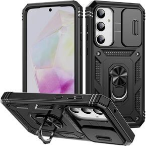 Designed for Galaxy A35 5G Case with Built-in Slide Camera Cover Ring Kickstand, Metal Adsorption Plate Military Grade Shockproof Rugged Bumper Cover (Black)