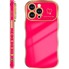 Case for iPhone 14 Case, Cute Curly Wave Frame Shape Love Heart Plating for Women Girls, Full Camera Protective Strengthen Shockproof Compatible with Phone Case (Hot Pink, iPhone 14)