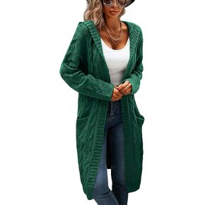 WIFFGO Hooded Open Front Cardigan for Women Cable Knit Sweaters Chunky Pocketed Oversized Knee Length Long Coats in Kuwait