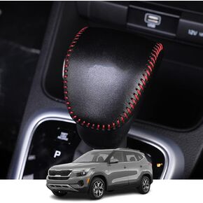 Kakash Custom Interior Accessories for Kia Seltos 2021 2022 2023 Leather Automatic Gear Shift Knob Cover,Transimission Boots Shift Lever Leather Sheath(Black Stitches)
