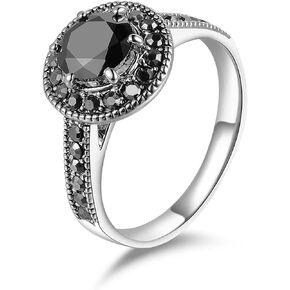 ORATIGOR Vintage Silver Rings for Women Statement Rings Black Crystal Setting Retro Silver Plated Cocktail Band Ring Jewelry Gift