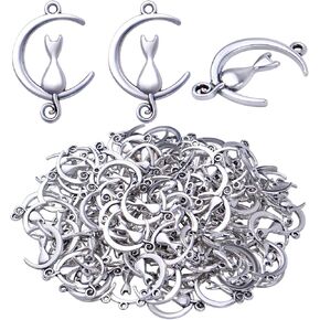 100pcs Cat in The Moon Charms Alloy Celestial Pendants Craft Supplies for DIY Earrings Necklace Bracelet Jewelry Making Christmas Birthday Party Gifts, 21 mm x 14 mm
