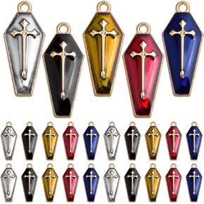30pcs KC Golden Plated Enamel Halloween Cross Charms Alloy Halloween Theme Coffin with Cross Dangle Pendants for DIY Necklace Earring Jewelry Making Decoration, 5 Colors