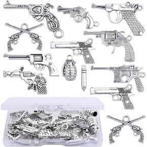 Gun Charms Collection, 100 Gram Antique Silver Mixed Pistol Gun Weapon Bullet Pendant Charms with a Box for DIY Necklace Bracelet Keychains Jewelry Making Supplies