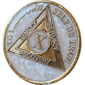 10 Year AA Medallion Opulent Pearl Silver Swirl Tri-Plate Sobriety Chip