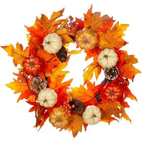 20" Autumn Wreath Fall Wreath Artificial Thanksgiving Decorations Halloween Front Door Wreath Harvest Farmhouse Wreath with Maple Leaf Pumpkins Pinecones Berries