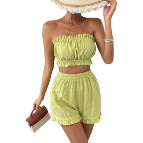 OYOANGLE Women's 2 Piece Outfits Sleeveless Strapless Frill Trim Ruched Tube Top and Elastic Waist Shorts Set in Kuwait