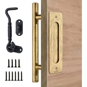 12 inch Barn Door Handle Retro Gold - Handmade Rustic Sliding Barn Door Pull Flush Handles with Hook Lock Latch Set, Barn Door Gate Garage Hardware Kit