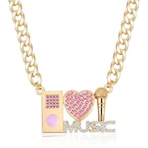 Women's Gold Crystal Music DJ Heart Pendant Necklace Hip Hop Chunky Choker Chain Costume Party Jewelry