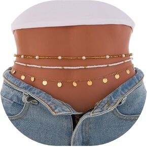 Boho Beaded Body Chain Gold Sequin Waist Chains Layered Pearl Body Belly Chain Beach Bead Body Accessories for Women and Girls