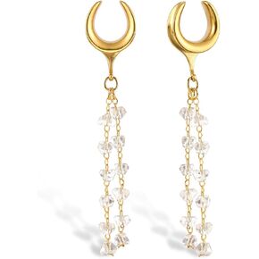 2Pcs Gold Saddle Plugs with Charm Crystals Chain Dangle Gauges Piercing Jewelry for Daily and Wedding, Surgical Steel Size 2g - 1 inch Ear Plugs Tunnels Gauges for Ears Stretching Expander Body Jewelry