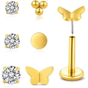 6Pcs 14G/16G/18G/20G Threadless Flatback Small Piercing Studs - Hypoallergenic 14K Gold Filled Surgical Steel Push-in Small Body Piercing Jewelry Set for Nose Lip Nostri Labret Medusa Monroe Tongue Cartilage Helix Tragus Multiple Hole Piercing