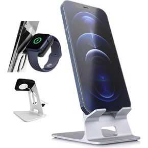 Orzly DuoStand Charge Station for Apple Watch & iPhone - Aluminum Desk Stand Cradle in SILVER with Built-In Insert Slots for both Grommet Wireless Charger and Lightning Cable for iPhone Models: 5 / 5S / 5C / 6 / 6 PLUS and both 42mm & 38mm sizes of 2015 W