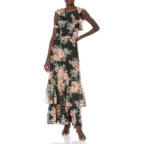 Shoshanna Women's Flutter Sleeve Floral Printed Sheath Gown with Two Ruffle Tiers