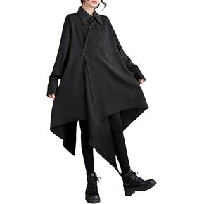 ellazhu Women's Oversized Solid Color Long Sleeve Back Slit Flowy Irregular Hem Shirt GZ150