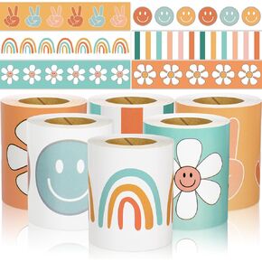 Whaline 196.8ft Groovy Retro Bulletin Board Borders Boho Rainbow Flower Face Victory Sign Die-Cut Bulletin Board Stripes Colorful Boho Rolled Bulletin Board Trim for School Classroom Office Decor