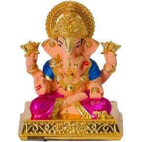 Gold Plated Lord Dagdusheth Ganesha Idol for Car Dashboard with Adhesive Sticker Base | Small Ganesh Murti for Home, Pooja Room Decor & Gifting - Resin (3.5 Inches)