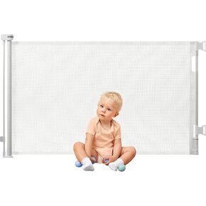 KUB Retractable Baby Gate Space-saving Pet Gate, 34″ in Height & Extends up to 55″ in Width, One-handed Use, Indoor Outdoor Safety Mesh Gate for Stair, Doorway, Hallway, Keep Toddler Dog Cat Safe