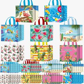 LECONCES Hawaii Summer Party Gift Bags, 48Pcs Pool Party Favors Gift Bags Hawaiian Luau Non Woven Gift Bags with Handles,Tiki Reusable Tote Bags Aloha Tropical Themed Bags for Pool Party Supplies