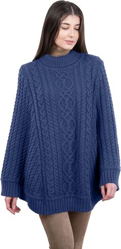 SAOL 100% Merino Wool Cable Knit Ladies Irish Aran Poncho Cardigan in Saudi Arabia