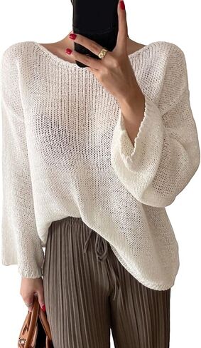 GORGLITTER Women's Crochet Round Neck Sweater Top Long Sleeve Drop Shoulder Pullover Tops in Saudi Arabia