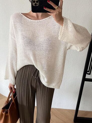 GORGLITTER Women's Crochet Round Neck Sweater Top Long Sleeve Drop Shoulder Pullover Tops in Saudi Arabia