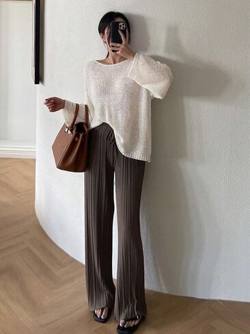 GORGLITTER Women's Crochet Round Neck Sweater Top Long Sleeve Drop Shoulder Pullover Tops in Saudi Arabia
