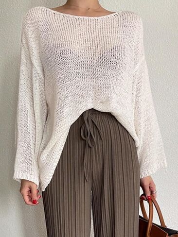 GORGLITTER Women's Crochet Round Neck Sweater Top Long Sleeve Drop Shoulder Pullover Tops in Saudi Arabia