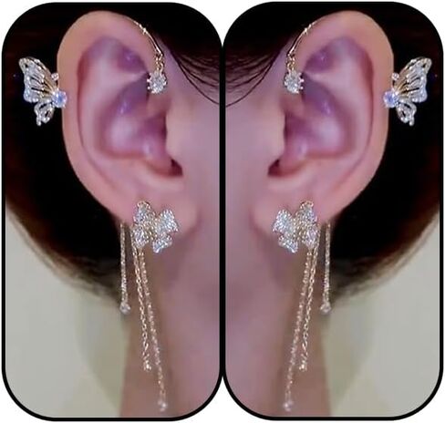 Butterfly Ear Cuffs Earrings for Women Butterfly Tassel Zircon Earrings Rhinestone Butterfly Ear Wrap No Piercing Ear Cuff in Saudi Arabia