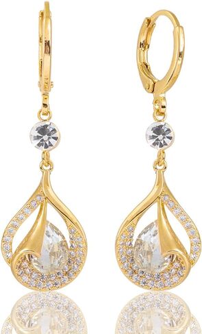 Gold Earrings for Women 18k Gold Plated Drop Earrings Cubic Zirconia Teardrop Pear Hollow Leaf Dangle Earrings in Saudi Arabia