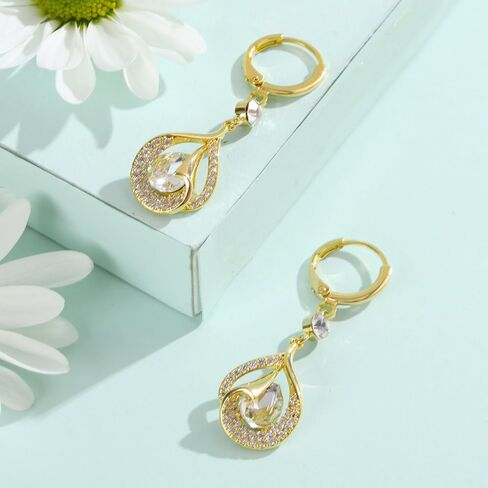 Gold Earrings for Women 18k Gold Plated Drop Earrings Cubic Zirconia Teardrop Pear Hollow Leaf Dangle Earrings in Saudi Arabia