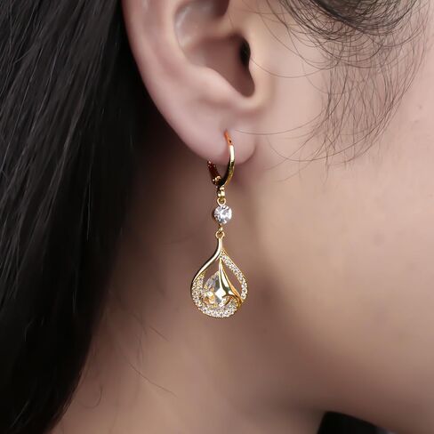 Gold Earrings for Women 18k Gold Plated Drop Earrings Cubic Zirconia Teardrop Pear Hollow Leaf Dangle Earrings in Saudi Arabia
