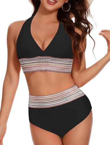 Women's Bikini Sets Colorblock High Waisted, Scoop Neck Spaghetti Straps Bathing Suits Push Up Swimsuits 2 Piece in Saudi Arabia