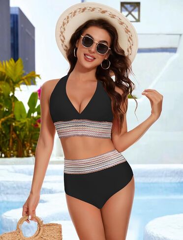 Women's Bikini Sets Colorblock High Waisted, Scoop Neck Spaghetti Straps Bathing Suits Push Up Swimsuits 2 Piece in Saudi Arabia