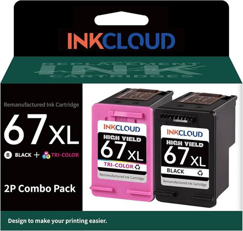 خرطوشة حبر متوافقة مع INKCLOUD بديلة ذات إنتاجية أعلى لحبر الطابعة HP 67XL لحبر HP 6055 6052 6058 6075 Pro 6455 6455e 6452 6458 1255 2732 2752 2755e 4140 4155 (1 أسود 1 ثلاثي الألوان، عبوتان)... in Kuwait