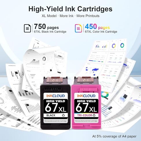 خرطوشة حبر متوافقة مع INKCLOUD بديلة ذات إنتاجية أعلى لحبر الطابعة HP 67XL لحبر HP 6055 6052 6058 6075 Pro 6455 6455e 6452 6458 1255 2732 2752 2755e 4140 4155 (1 أسود 1 ثلاثي الألوان، عبوتان)... in Kuwait