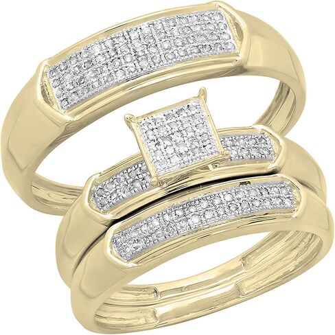 Dazzlingrock Collection Round White Diamond Square Micro Pave Wedding Trio Ring Set (0.30 ctw, Color I-J, Clarity I2-I3) in 18K Yellow Gold Plated Sterling Silver in Saudi Arabia