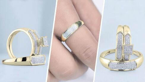Dazzlingrock Collection Round White Diamond Square Micro Pave Wedding Trio Ring Set (0.30 ctw, Color I-J, Clarity I2-I3) in 18K Yellow Gold Plated Sterling Silver in Saudi Arabia