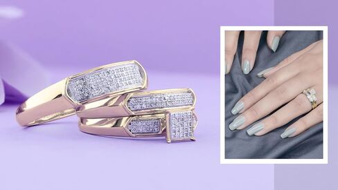 Dazzlingrock Collection Round White Diamond Square Micro Pave Wedding Trio Ring Set (0.30 ctw, Color I-J, Clarity I2-I3) in 18K Yellow Gold Plated Sterling Silver in Saudi Arabia