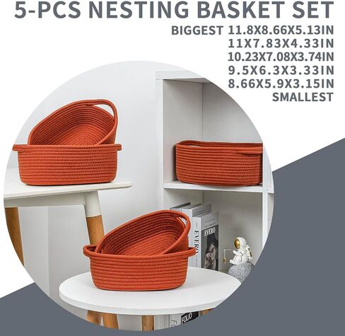 CubesLand Small Storage Basket Cotton Rope Organizer Baskets for Shelves | Set of 5 Decorative Closet Storage Bins with Handle for Countertop, Toilet Paper Basket for Toilet Tank Top, Green Basket in Saudi Arabia