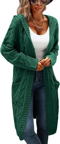 WIFFGO Hooded Open Front Cardigan for Women Cable Knit Sweaters Chunky Pocketed Oversized Knee Length Long Coats in Saudi Arabia