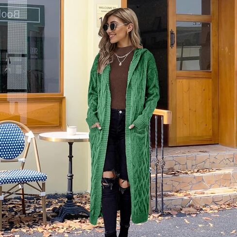 WIFFGO Hooded Open Front Cardigan for Women Cable Knit Sweaters Chunky Pocketed Oversized Knee Length Long Coats in Saudi Arabia