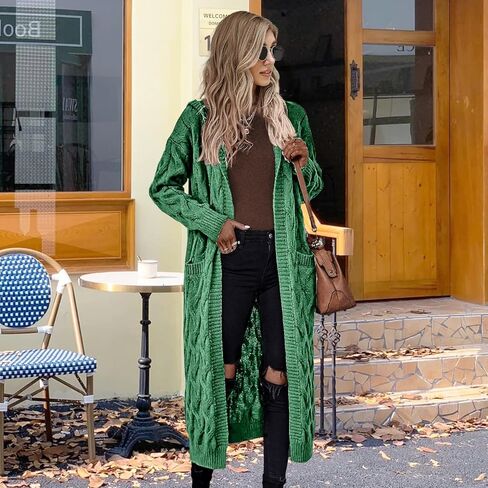 WIFFGO Hooded Open Front Cardigan for Women Cable Knit Sweaters Chunky Pocketed Oversized Knee Length Long Coats in Saudi Arabia