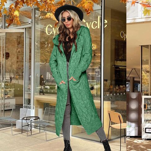 WIFFGO Hooded Open Front Cardigan for Women Cable Knit Sweaters Chunky Pocketed Oversized Knee Length Long Coats in Saudi Arabia
