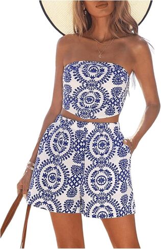 WDIRARA Women's Two Piece Graphic Print Bandeau Crop Tube Tops and High Waist Pockets Shorts Outfits Set in Saudi Arabia