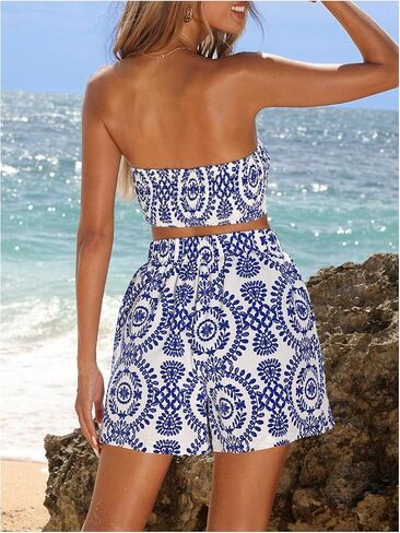 WDIRARA Women's Two Piece Graphic Print Bandeau Crop Tube Tops and High Waist Pockets Shorts Outfits Set in Saudi Arabia