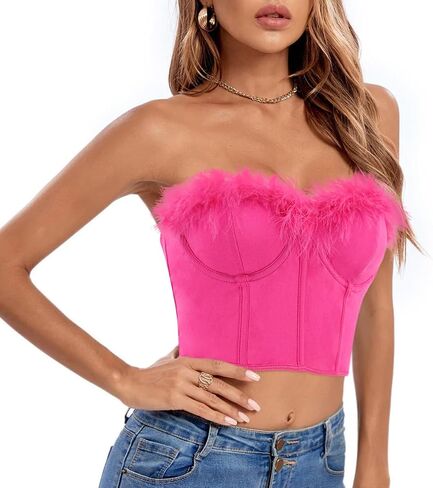 jascaela Women's Sexy Sleeveless Fuzzy Trim Bustier Cami Tube Top Faux Fur Tank Tops Corset Top Rave Festival Outfits in Kuwait