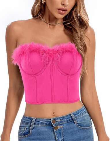 jascaela Women's Sexy Sleeveless Fuzzy Trim Bustier Cami Tube Top Faux Fur Tank Tops Corset Top Rave Festival Outfits in Kuwait