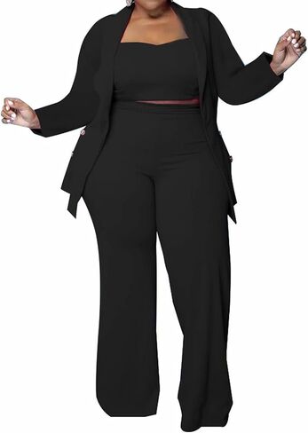 IyMoo Women's Plus Size 3 Piece Sets Outfit Tracksuit Crop Top Blazer Jacket and Wide Leg Long Pants Jumpsuit Romper Suits in Kuwait