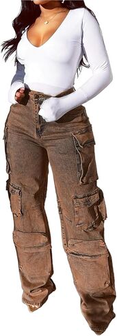 Vaceky Cargo Jeans Women High Waisted Straight Leg Baggy Y2K Denim Fall Winter Pants with Pockets Streetwear in Kuwait